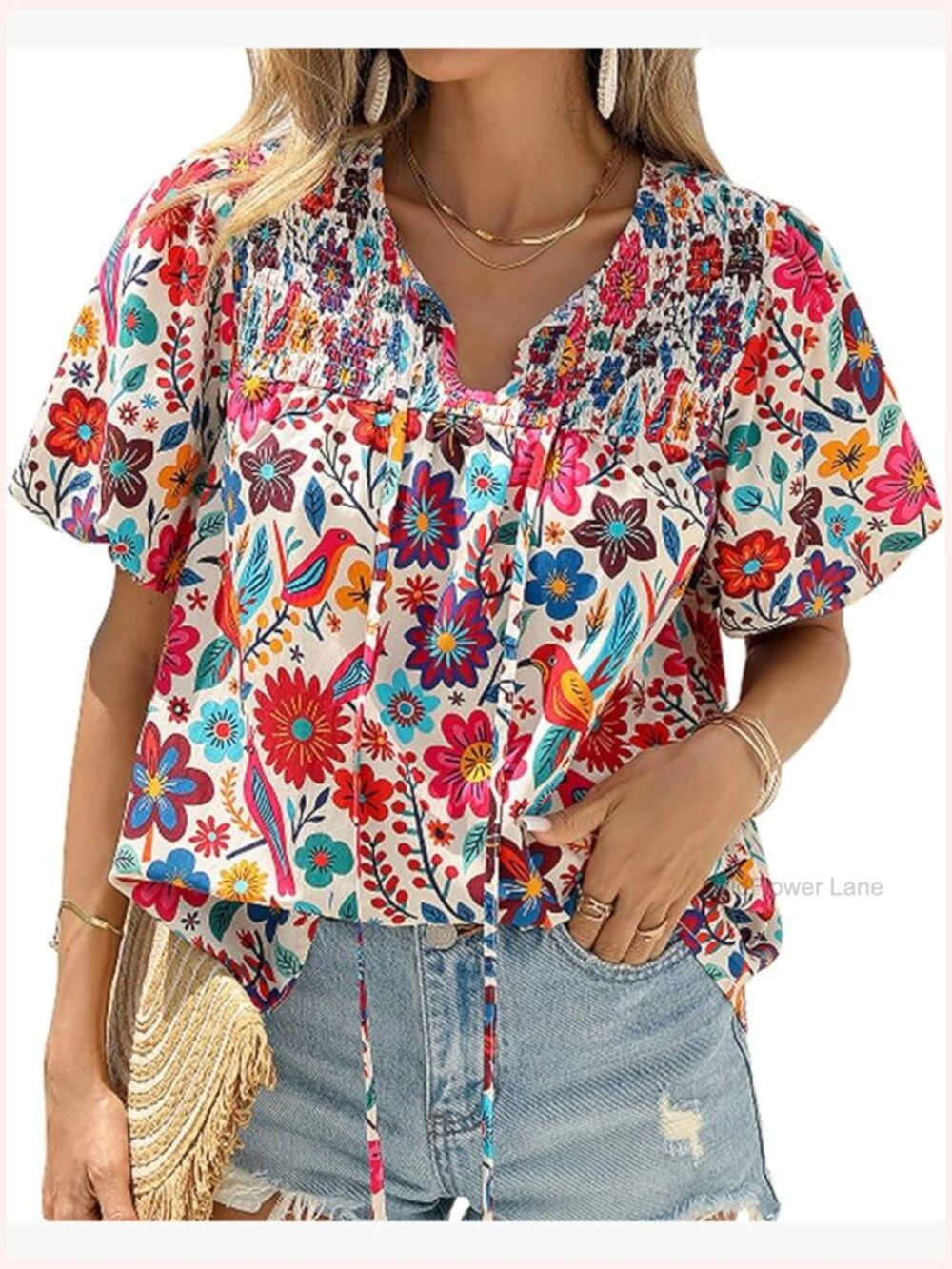 Boho Floral Blouse V Neck Short Sleeve Summer Top